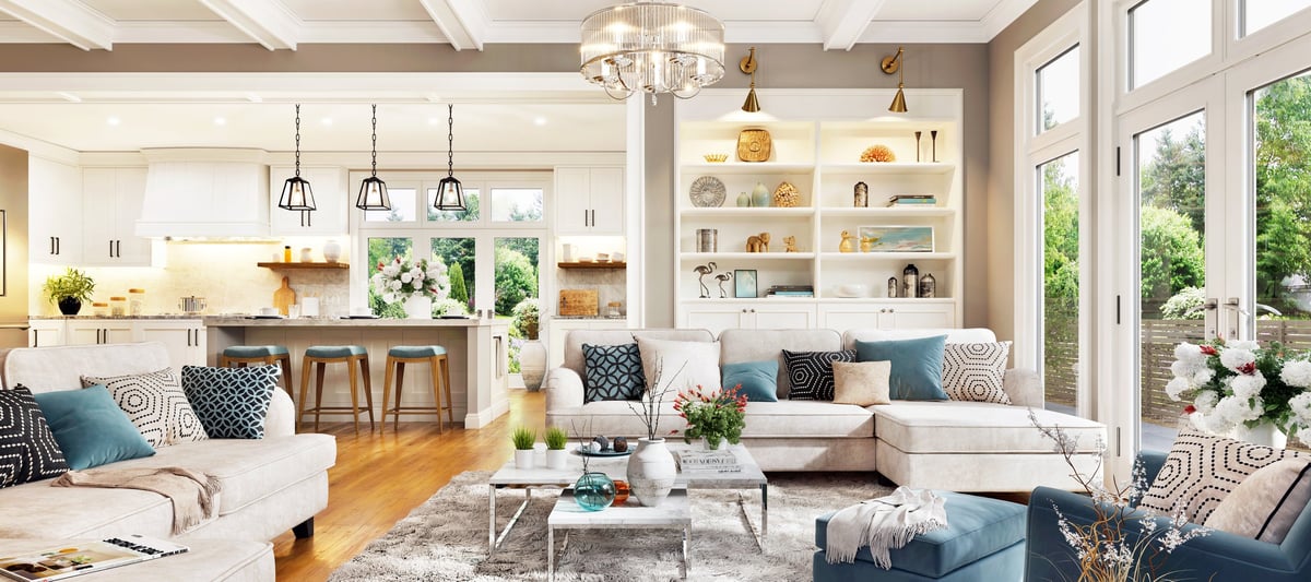 Open plan living room with a large, well-kept kitchen