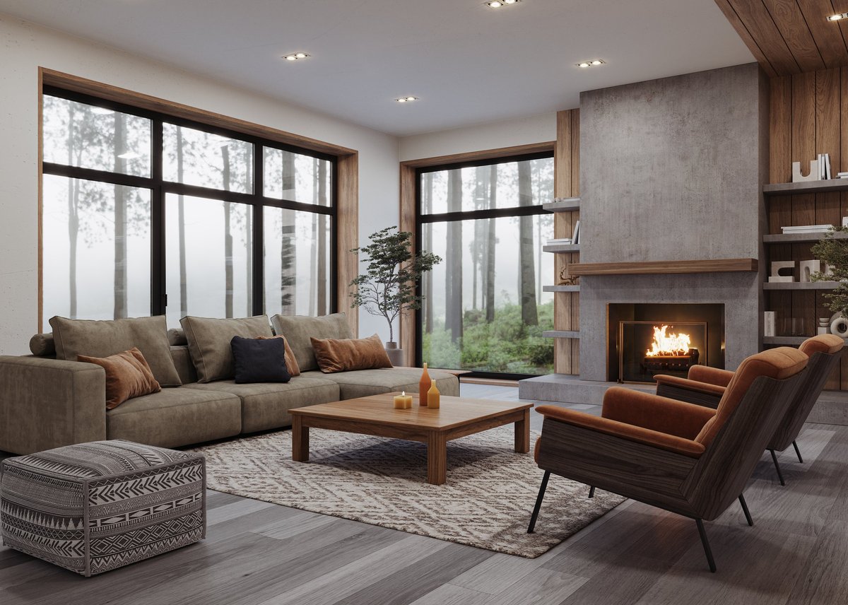 Cozy modern living room with natural wood accents and large windows