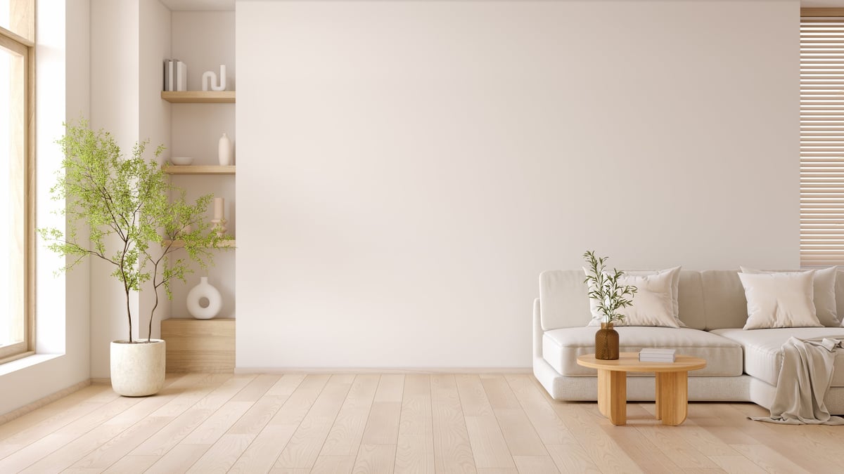Minimal living room with a modern sofa and wooden furniture
