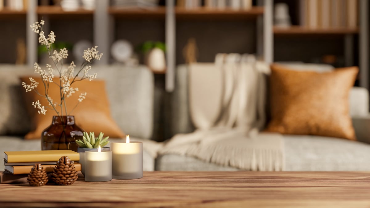 Calm, cozy living room with soft lighting and comfortable furnishings