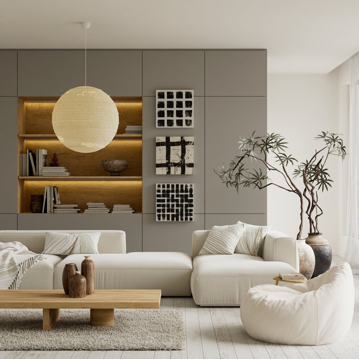 Contemporary minimalist living room with neutral tones and soft daylight